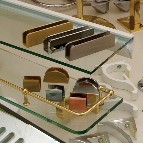 Glass clamps and brackets in various metal finishes