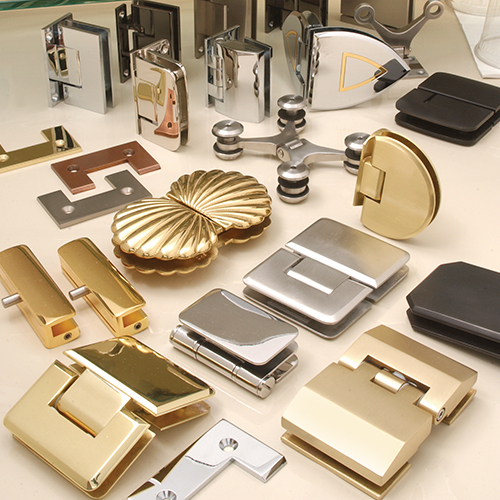Shower door hinges in chrome, brass, and matte black finishes