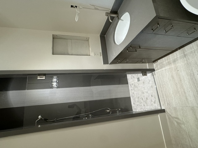Sleek bathroom with frameless shower door
